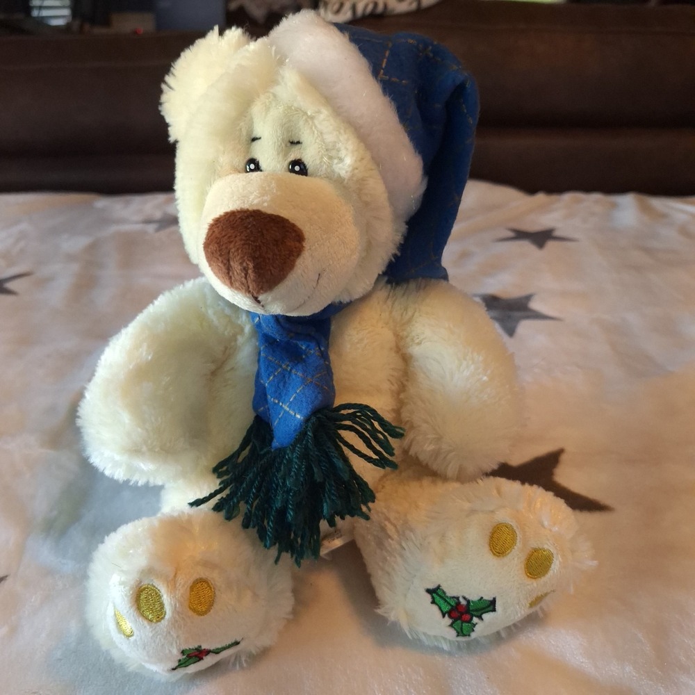 Happy Holidays Snuggie Toy Plush‎ Christmas Bear Holly Feet Blue Hat & Scarf